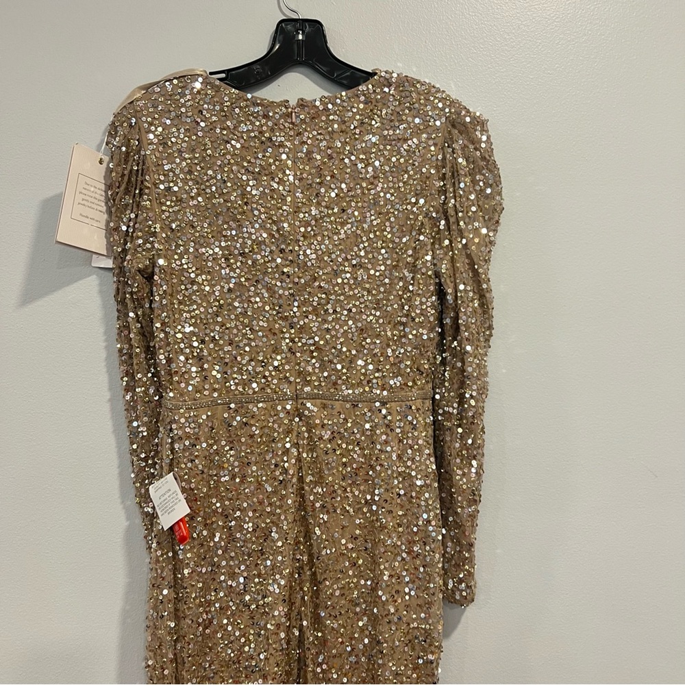 Mac Duggal Shimmering Gold Sequined Puff Shoulder Surplice Evening Gown -Reemoly - Picture 12 of 16
